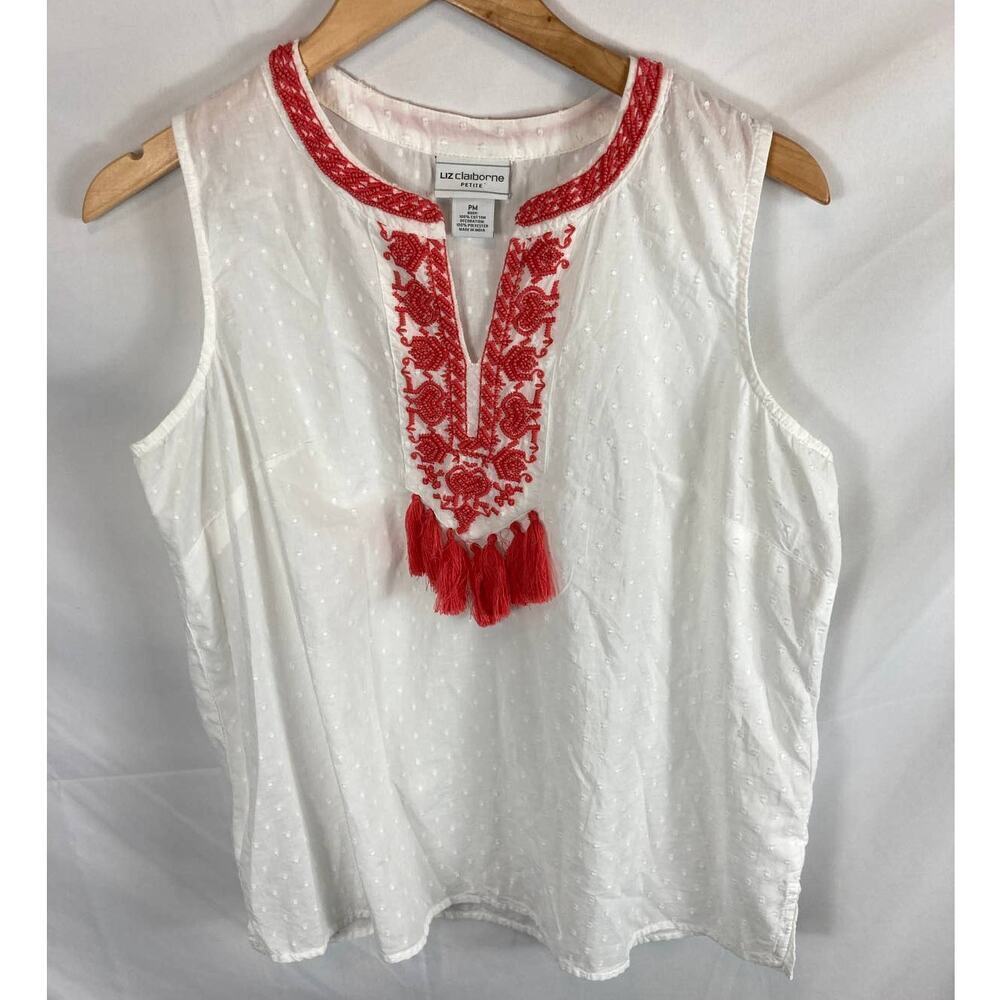 Liz Claiborne Dotted V Neck Embroidered Sleeveless Top Size PM